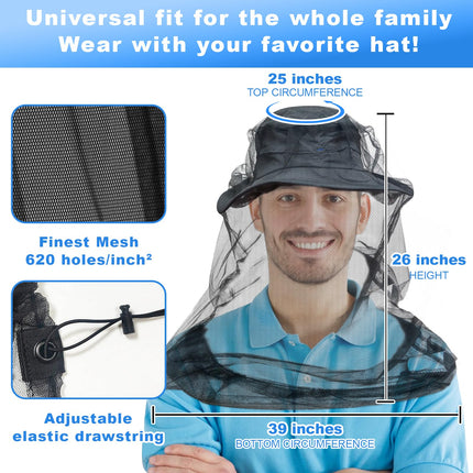 Premium Mosquito Net Head for Insects, Mosquito Net Head 2 Pack | Ultra large insect protection net with extra-fine mesh for camping, hiking, fishing, gardening | Fits all hats Head net