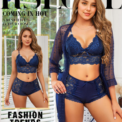 RSLOVE Sexy Lingerie Set for Women - Lace Underwear Dressing Gown with Bra and Panties Navy Blue XL
