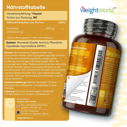 Bromelain Capsules - 650mg Daily Dose - 180 Vegan Capsules - 6 Month Supply - Pineapple-Derived Enzyme - 2500g/g - No Magnesium Stearate &amp; No GMOs - Pineapple Enzyme by WeightWorld