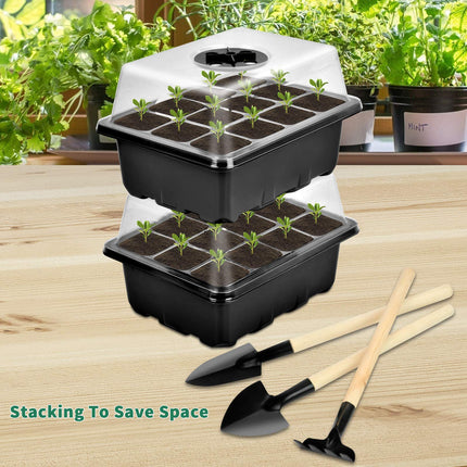 2 pieces indoor greenhouse cultivation, mini greenhouse cultivation set, cultivation tray with lid, plastic cultivation trays with 3 small garden tools, 12 holes, ideal for seed germination and plant growth