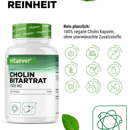 Pure Choline Capsules - 240 Capsules with 750 mg Choline Bitartrate - 4 Month Supply - Liver, Homocysteine ​​&amp; Lipid Metabolism - Active Choline - Natural - High Dosage - Vegan