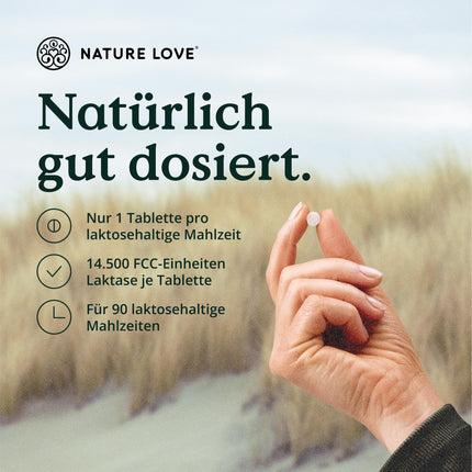 NATURE LOVE® Lactase Tablets – 90 Tablets – High Dose with 14500 FCC – with acacia fiber without synthetic additives, vegan – laboratory-tested lactase tablets, produced in Germany