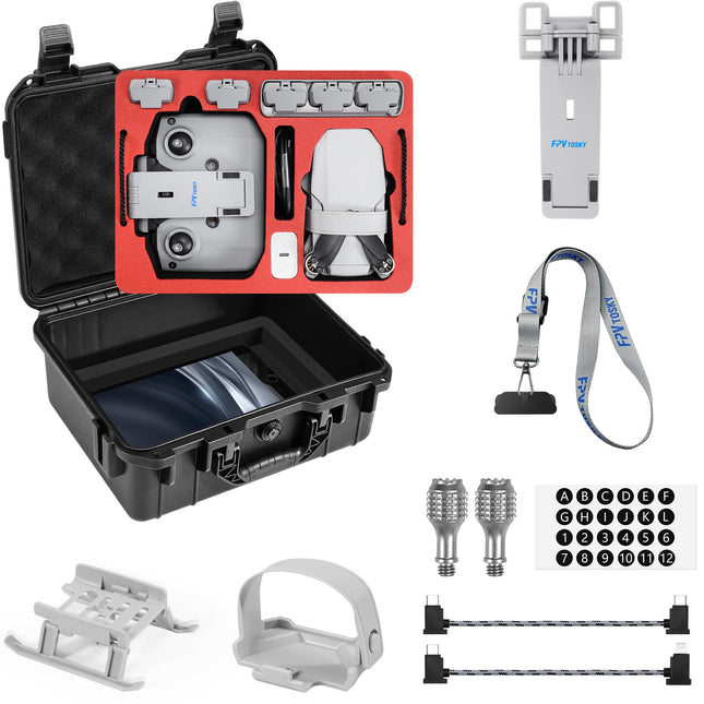FPVtosky 8-in-1 Accessory Kit for DJI Mini 4K/Mini 2/Mini 2 SE Drone: Double-layered carrying case, tablet mount, RC-N1 strap, landing gear, propeller holder, 2 control sticks, 2 data cables, digital sticker