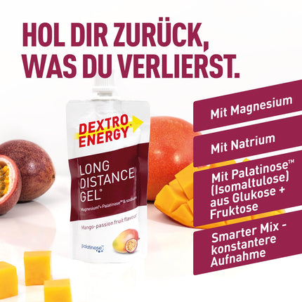 DEXTRO ENERGY LONG DISTANCE GEL MANGO-PASSION FRUIT + MAGNESIUM + SODIUM - 12x50ml (12-pack) - Energy gel for long workouts, carbohydrate concentrate with added electrolytes and Palatinose