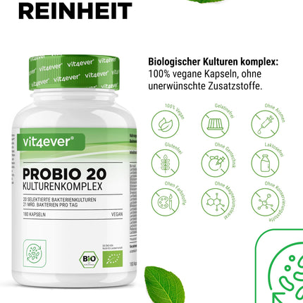 Probio 20 - Culture Complex with 20 bacterial strains + organic inulin - 180 gastro-resistant capsules Bright JC Caps® - 21 billion lactic acid bacteria per daily dose - High dosage - Vegan -