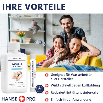 Hanse Pro Air Binder Set for Waterbeds, 2 x 250 ml Air Stop, 2 x 15 ml Waterbed Defoamer | Care | Air Binder | Air Solvent | Eliminates air noise in waterbeds | Bubble Stop