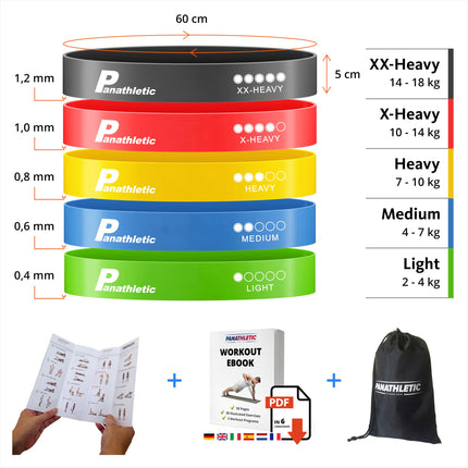 Panathletic Fitness Bands, Set of 5 – 5 Different Strengths, Exercise Instructions, eBook in German, Carrying Bag – 5X Fitness Band, Exercise Band, Resistance Band