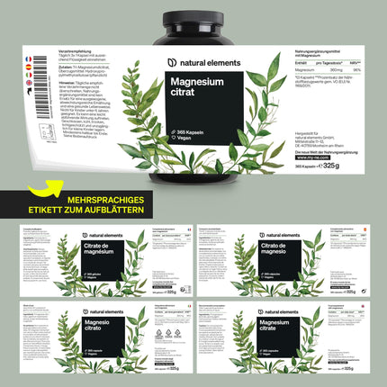 Premium Magnesium Citrate – 365 Capsules – High dosage: 2320mg (of which 360mg elemental magnesium) per daily dose – No additives – vegan, laboratory-tested, and produced in Germany