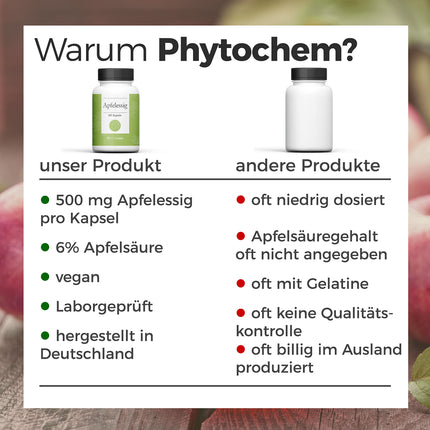 Phytochem Apple Cider Vinegar 180 Capsules, high dose with 500 mg apple cider vinegar powder per capsule, vegan and without additives, laboratory tested, 3-month supply