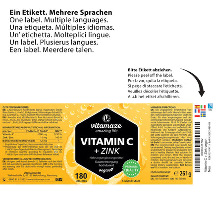High-dose vitamin C 1000 mg + zinc, vegan &amp; optimally bioavailable, 180 tablets for 6 months, natural food supplement without unnecessary additives, made in Germany