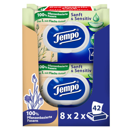 Tempo Moist Toilet Wipes "Gentle &amp; Sensitive" - ​​Megapack - 16 packs of 42 wipes each - Duo Packs - Natural Aloe Vera - Toilet paper, dermatologically tested, pH skin-neutral