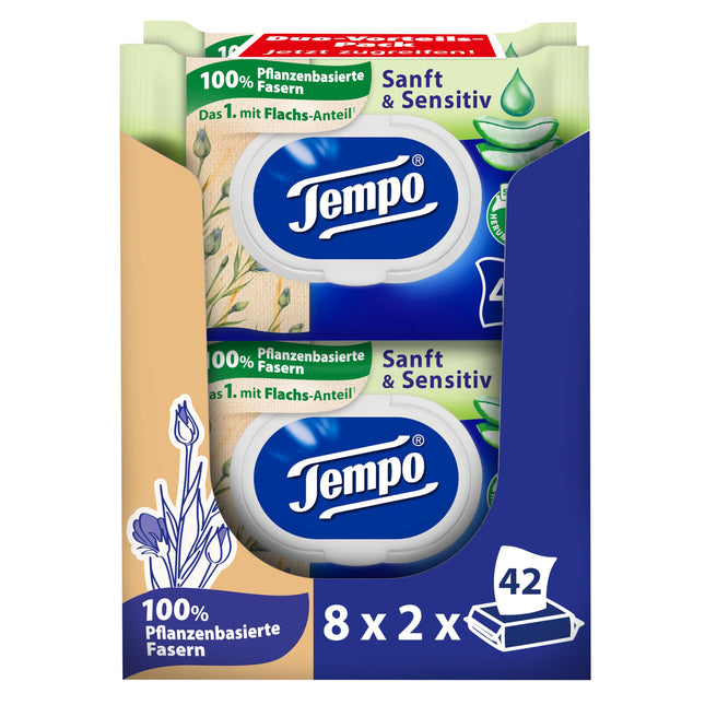 Tempo Moist Toilet Wipes "Gentle &amp; Sensitive" - ​​Megapack - 16 packs of 42 wipes each - Duo Packs - Natural Aloe Vera - Toilet paper, dermatologically tested, pH skin-neutral