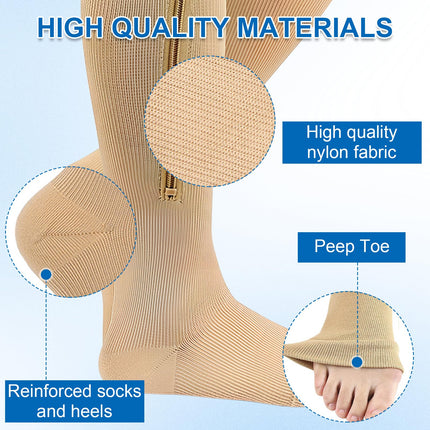 Naapesi 2 Pairs Compression Stockings with Zipper, Compression Socks with Zipper, Calf Height, Support Stockings with Open Toes for Varicose Veins, Edema, Recovery, Pregnancy