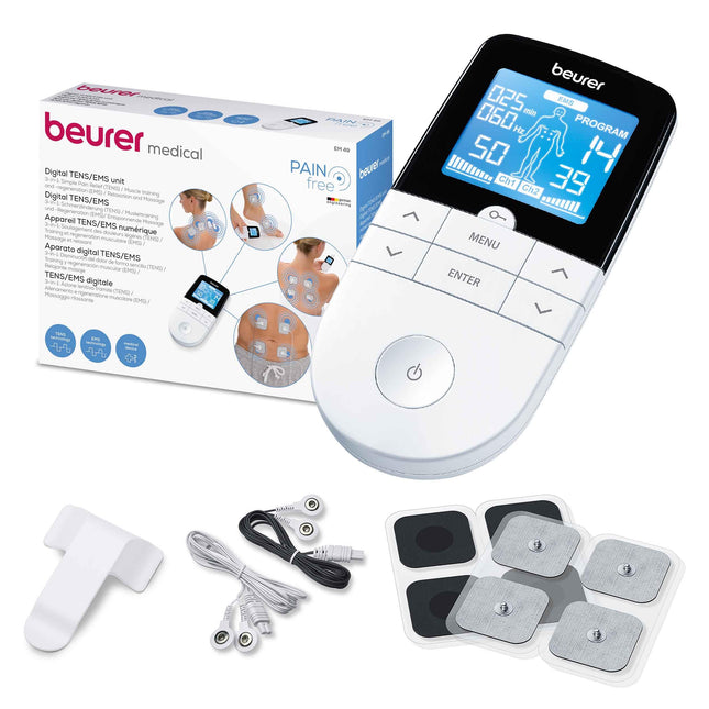 Beurer EM 49 Digital TENS/EMS, 3-in-1 electrical stimulation device for pain relief through electrical nerve stimulation, training through electrical muscle stimulation, massage function, including 4 electrodes