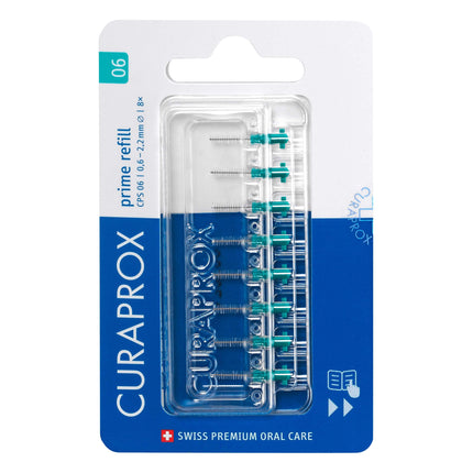 Curaprox Interdental Brushes CPS 06 prime, Refill, 8 pieces, 0.6 mm diameter, 2.2 mm effectiveness, turquoise, refill pack, without holder