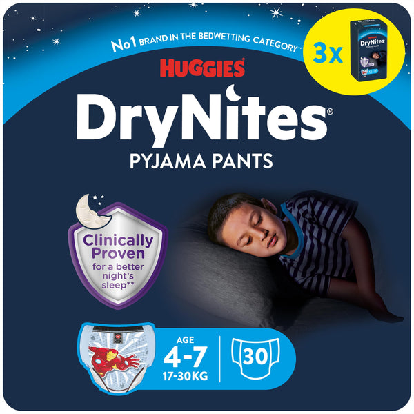 HUGGIES DryNites absorbent night diapers for bedwetting, for boys 4-7 years (17-30 kg), 3 x 10 pieces = 30 diaper pants, diaper pants, diaper briefs