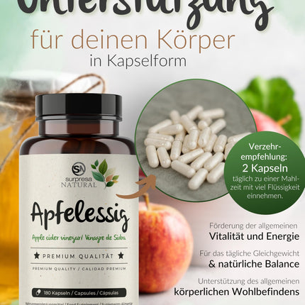 Surpresa Natural Apple Cider Vinegar Capsules High Dose I 1 x 180 Capsules I 1000mg Apple Cider Vinegar per Daily Dose I Apple Cider Vinegar Dietary Supplement Vegan &amp; Laboratory Tested I Apple Cider Vinegar