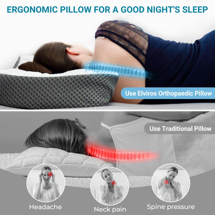 Elviros Orthopedic Memory Foam Pillow, Neck Pain Relief Pillow, Sleeping Pillow, Ergonomic Neck Pillow, Neck Support Pillow, Anti-Snoring Pillow for Side Sleepers, Stomach Sleepers, White