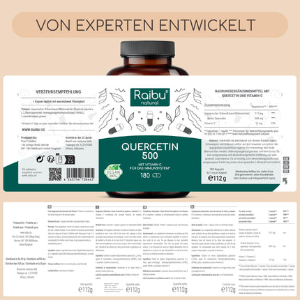Quercetin High Dose - 180 Capsules - 500 mg Quercetin per capsule - 6-month supply - High-quality raw material: Japanese pagoda tree - No additives &amp; Vegan - Raibu