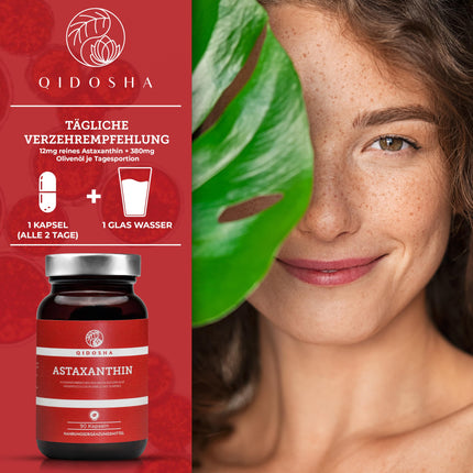 QIDOSHA® Astaxanthin 12 mg from EU raw materials &amp; olive oil, 90 pcs/jar, 12 mg high-dose astaxanthin per capsule, liquid astaxanthin high-dose from Portuguese algae cultivation