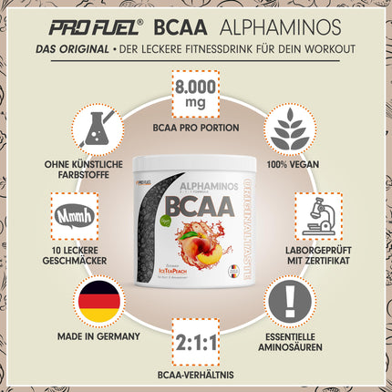 BCAA Powder 300g ICED TEA PEACH - Alphaminos BCAA 2:1:1 Drink with 8000 mg BCAA - incredibly delicious taste, essential amino acids (EAA) leucine, isoleucine &amp; valine - 100% vegan and laboratory tested