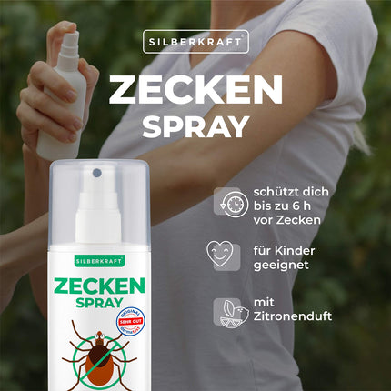 Silberkraft Tick Spray 100 ml, anti-tick agent, protection against ticks and mosquitoes, for body and clothing, repels and repels, with lemon scent