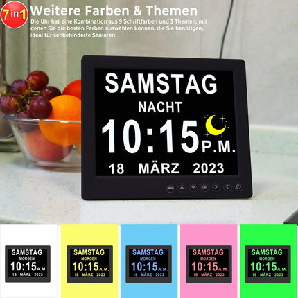 Véfaîî 2025 New, 19 Alarms Electronic Day Date Calendar Clock, Non-Abbreviated Day Date Large Clock for Seniors with Dementia Alzheimer's - with Remote Control - 8 Inch with Remote Control