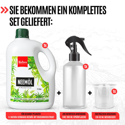 Natura Germania® Neem oil 1000ml with soap nut extract with spray bottle and measuring cup - Makes 100 liters of ready-to-spray solution - Neem spray for natural plant care for houseplants/garden plants