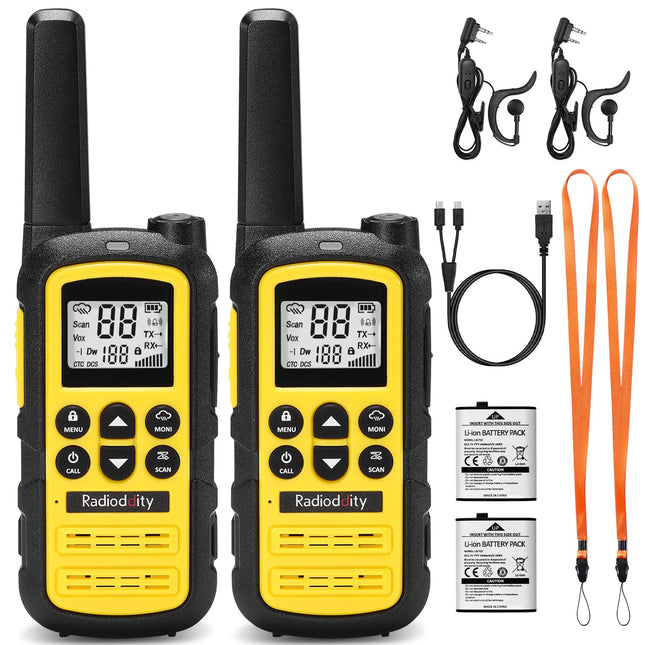 Radioddity PR-T6 Walkie Talkie PMR446 License-Free Two-Way Radio for Adults and Kids, Rechargeable Walkie Talkie with VOX, USB-C Charging, Flashlight, Earpiece for Camping Hiking, 2-Pack, Yellow