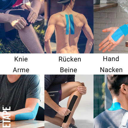 TRUETAPE® Kinesiotape – BASIC Precut – 2 x 20 strips (25 cm x 5 cm) – Pre-cut kinesiology tapes – Waterproof &amp; elastic physio tape for everyday use &amp; sports – Blue &amp; Black
