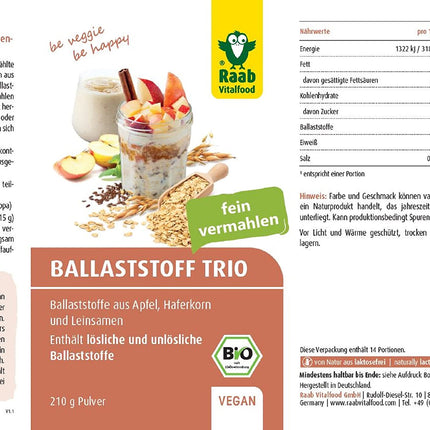 Raab Vitalfood Organic Fiber Trio (210 g) I with apple fiber, oat grains, and organic flaxseed I high fiber content I finely ground I Ideal for porridge and muesli