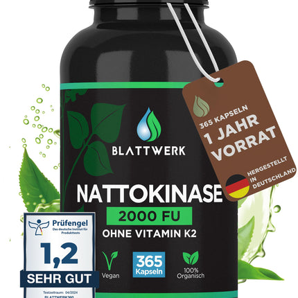 Nattokinase 2000 FU - ANNUAL SUPPLY - 365 Nattokinase Capsules, 100 mg each (20,000 FU/g) - Made in Germany - High-Dose Nattokinase - Natto from Soy - 100% Vegan - Laboratory Tested - BLATTWERK