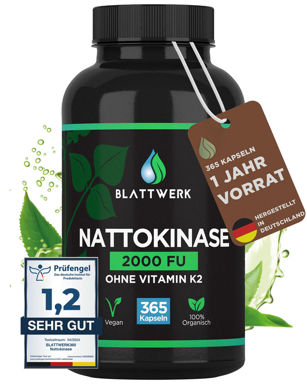 Nattokinase 2000 FU - ANNUAL SUPPLY - 365 Nattokinase Capsules, 100 mg each (20,000 FU/g) - Made in Germany - High-Dose Nattokinase - Natto from Soy - 100% Vegan - Laboratory Tested - BLATTWERK