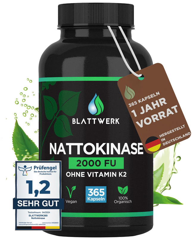 Nattokinase 2000 FU - ANNUAL SUPPLY - 365 Nattokinase Capsules, 100 mg each (20,000 FU/g) - Made in Germany - High-Dose Nattokinase - Natto from Soy - 100% Vegan - Laboratory Tested - BLATTWERK