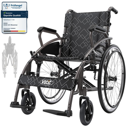 VOCIC U31 Lightweight Folding Wheelchair up to 150 kg, Double Brakes, Folding Transport Wheelchair (17.5 kg) with Self-Propelled Wheels for Seniors, 60 cm Puncture-Proof Rear Wheel for All Terrain, 5-Year Warranty | Grey