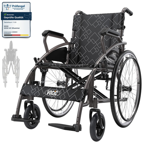 VOCIC U31 Lightweight Folding Wheelchair up to 150 kg, Double Brakes, Folding Transport Wheelchair (17.5 kg) with Self-Propelled Wheels for Seniors, 60 cm Puncture-Proof Rear Wheel for All Terrain, 5-Year Warranty | Grey