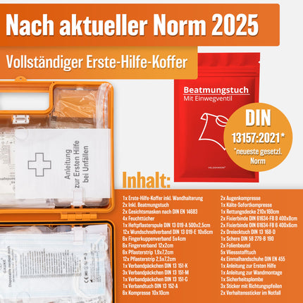HELDENWERK first aid kit according to the new DIN 13157:2021 including wall bracket &amp; stickers | Universal first aid case for business, household or catering - office first aid kit filled, first aid kit