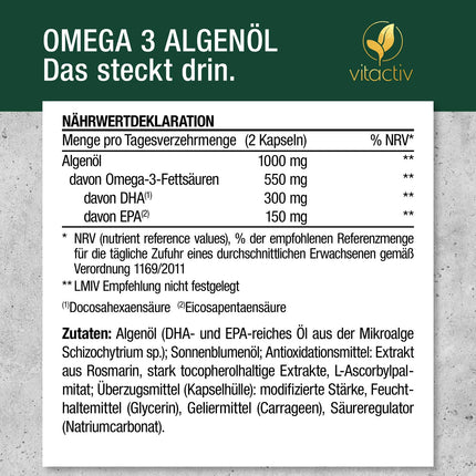 VITACTIV Omega 3 Algae Oil Capsules - 60 Capsules - Marine Omega 3 Vegan, High Dose with 1000mg Microalgae Oil per Daily Dose - 450mg Omega-3 Fatty Acids DHA &amp; EPA (2:1) - Heart, Brain, Eyes - Laboratory Tested