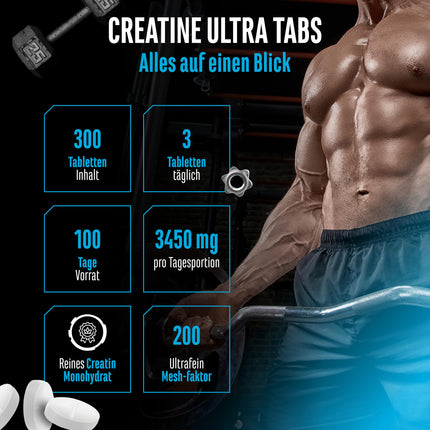 Creatine Ultra Tabs - 300 tablets with 1150 mg of pure creatine monohydrate each - 100 applications - Premium: Ultrafine + mesh factor of 200 - High dosage - Vegan