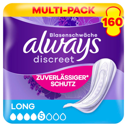Always Discreet Incontinence Pads Long Monthly Pack for Bladder Weakness, 160 Pads (Value Pack 8 Packs x 20)