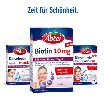 Abtei Biotin 10 mg Forte - For skin, hair, and nails - With 10 mg biotin - high dosage, gluten-free, suitable for vegetarians - 30 tablets