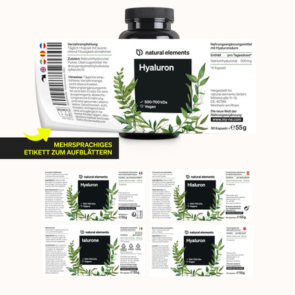 Vegan hyaluronic acid – 500 mg hyaluronic acid/capsule – 90 capsules for 3 months – 500–700 kDa – high dosage, no additives – produced in Germany &amp; laboratory-tested