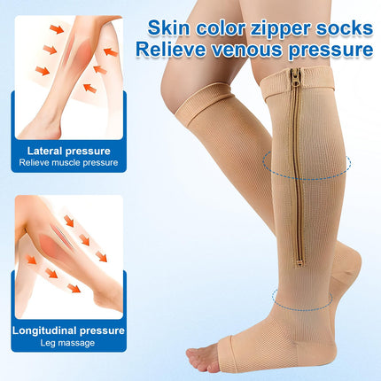 Naapesi 2 Pairs Compression Stockings with Zipper, Compression Socks with Zipper, Calf Height, Support Stockings with Open Toes for Varicose Veins, Edema, Recovery, Pregnancy
