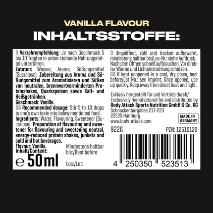 Body Attack Flav Drops - Vanilla - 50 ml - Vegan flavor drops - for sweetening porridge, muesli, etc. - Highly concentrated flavors, pure enjoyment - Aspartame-free, sugar-free, and fat-free, 0 calories