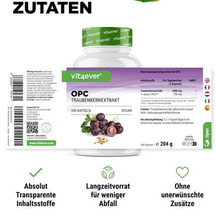 OPC Grape Seed Extract - 300 Capsules - 1000mg extract with 700mg OPC - Highest OPC content according to HPLC - Laboratory-tested OPC from European grapes - Vegan - High dosage