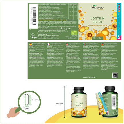 Organic Lecithin Capsules | 1800 mg from sunflowers | Vegan | Cold-pressed | 15% phosphatidylcholine | No soy | 120 Capsules | Vegavero®