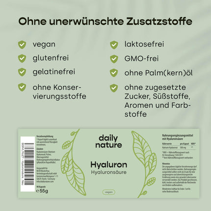 dailynature Hyaluronic Acid 90 Capsules | 1,100 kDa | Highly dosed with 500 mg sodium hyaluronate per capsule | Vegan | No unwanted additives | Gluten-free | Lactose-free