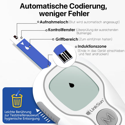 Blood glucose meter set, 100 test strips, 100 lancets, 1 blood glucose meter, 1 lancing device, diabetes test set without coding, glucometer with large display, glucometer for home use