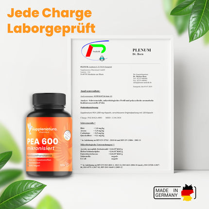 PEA Capsules | MICRONIZED: 600mg Palmitoylethanolamide per capsule | 120 Capsules | 100% Pure Pea, Laboratory Tested | Produced in Germany - SUPPLENATURA®