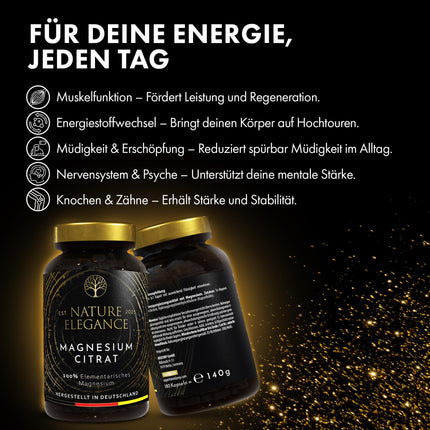 NEOLYMP Magnesium Citrate Capsules High Dose - 360mg elemental magnesium per dose - produced in Germany - vegan, laboratory-tested &amp; sustainable brown glass (Magnesium Citrate 180 Capsules)
